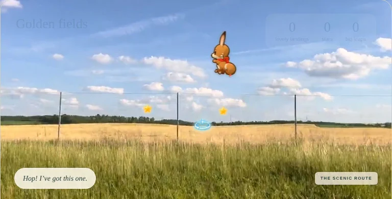 Pip leaping through the countryside in a recorded Windowbound development journey.