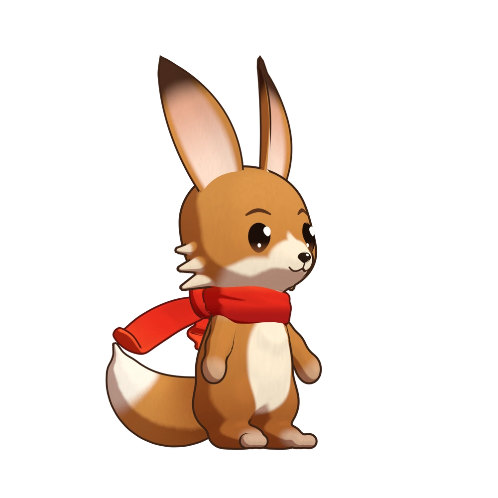 Pip, a golden fox-rabbit with tall ears, a bright red scarf, and a curious smile.