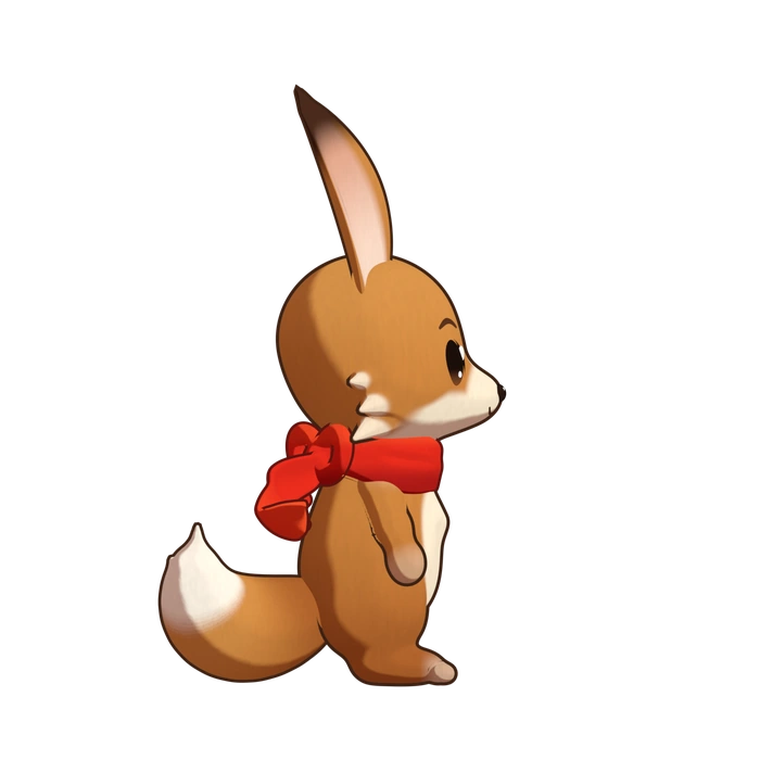 Approved side view of Pip, showing his red scarf and fox tail.